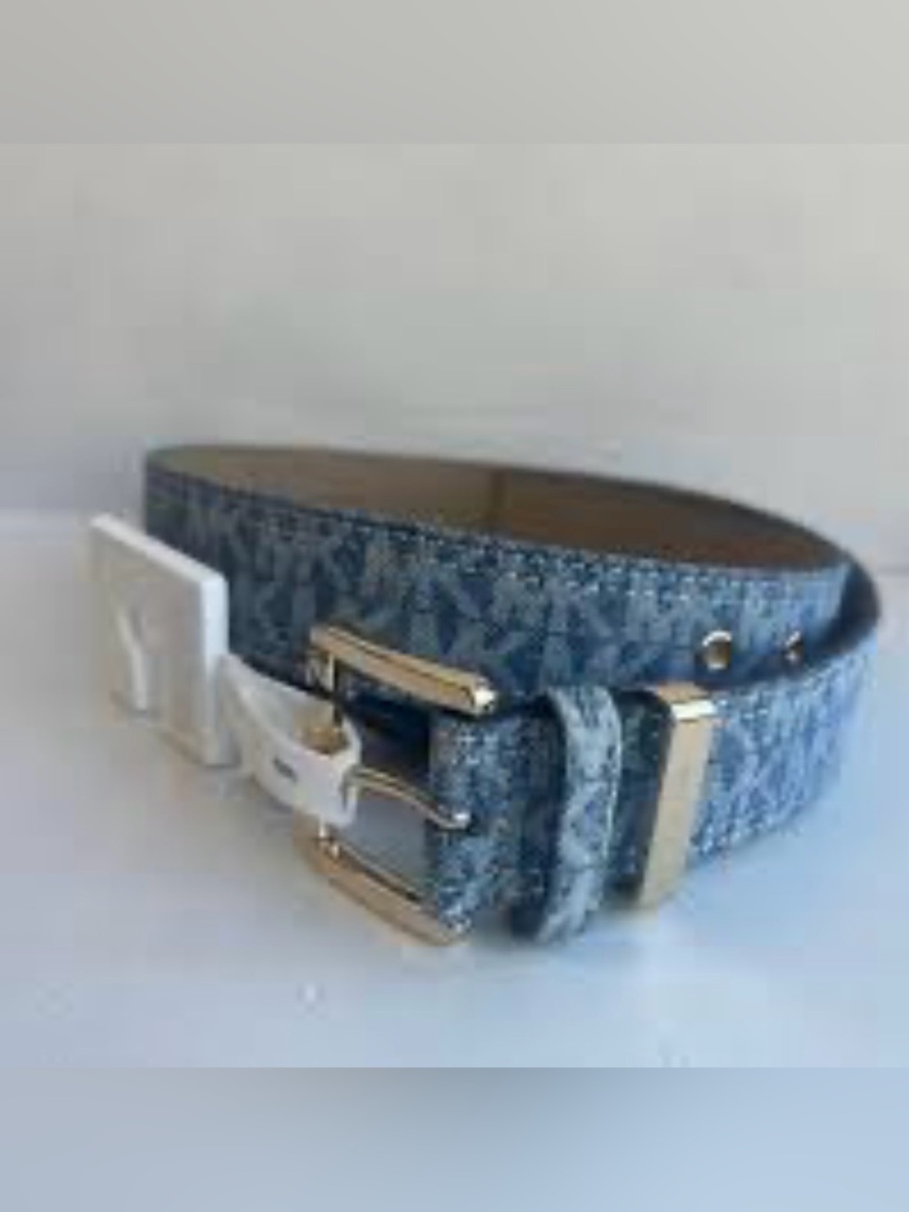 Michael Kors Denim-Pattern Blue Belt with Gold Buckle Size Large NWT - Picture 9 of 9